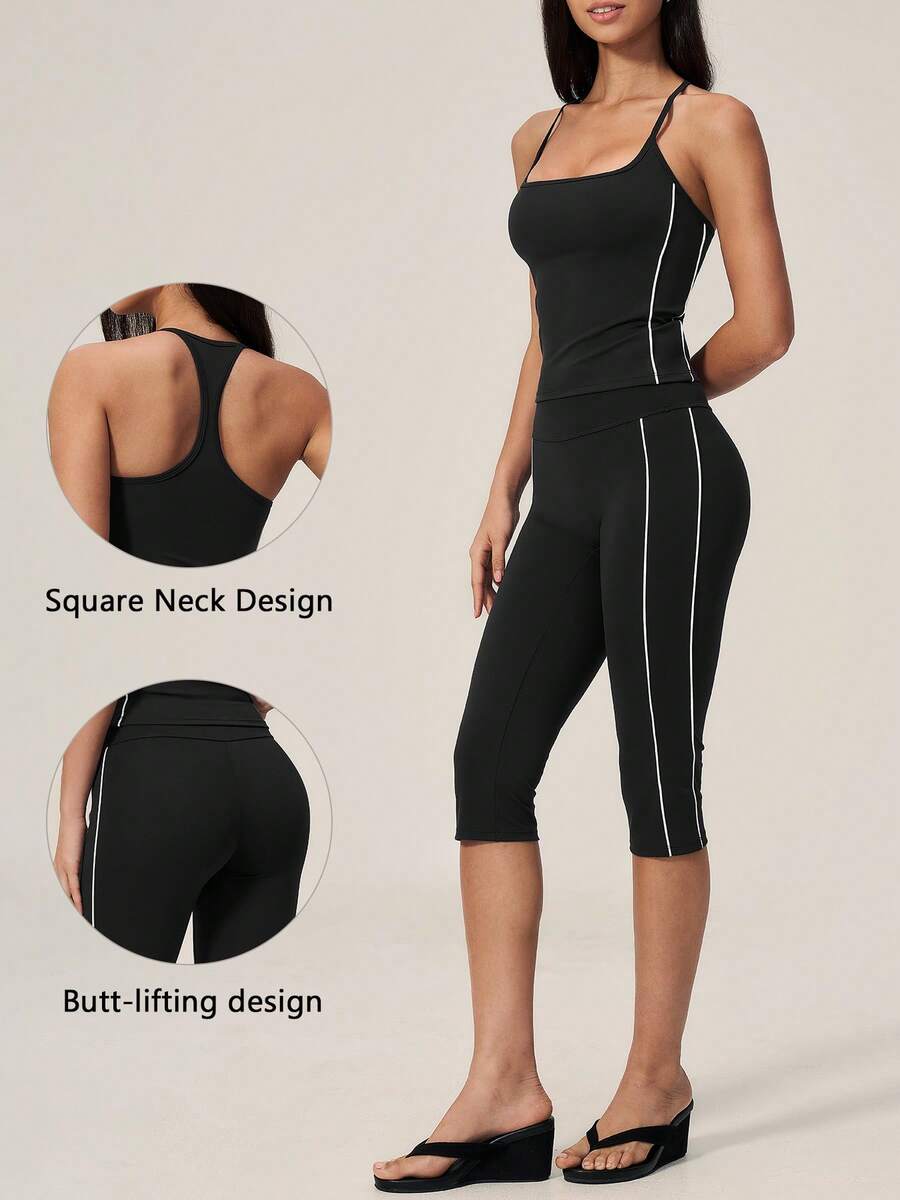 TimeOff Women's One Set Colorblock Side White Stripe Square Neck Spaghetti Strap Racerback Tank Top & Tummy Control 7/8 Length Mid-Rise Shorts Sports Set - Black and White - View 1
