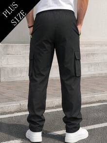 Plus Size Men's Cargo Pants, Spring/Autumn Solid Color Straight Leg Sweatpants, Multi-Pocket Outdoor Casual Pants Sports Black - Black - View 2
