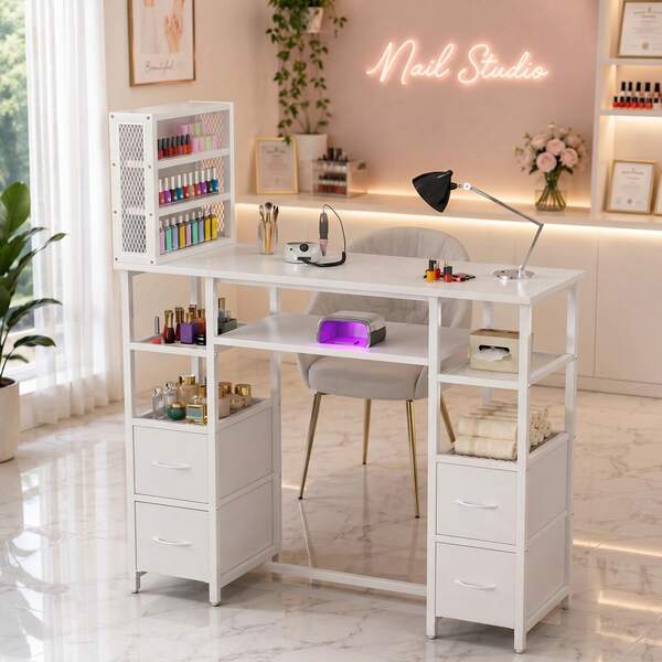 Advwin Modern Manicure Table With 3-Tier Nail Polish Rack, 4 Drawers & Open Storage Shelves, Reversible Nail Desk For Nail Tech, Professional Nail Station For Salon, Beauty, Spa & Home Studio