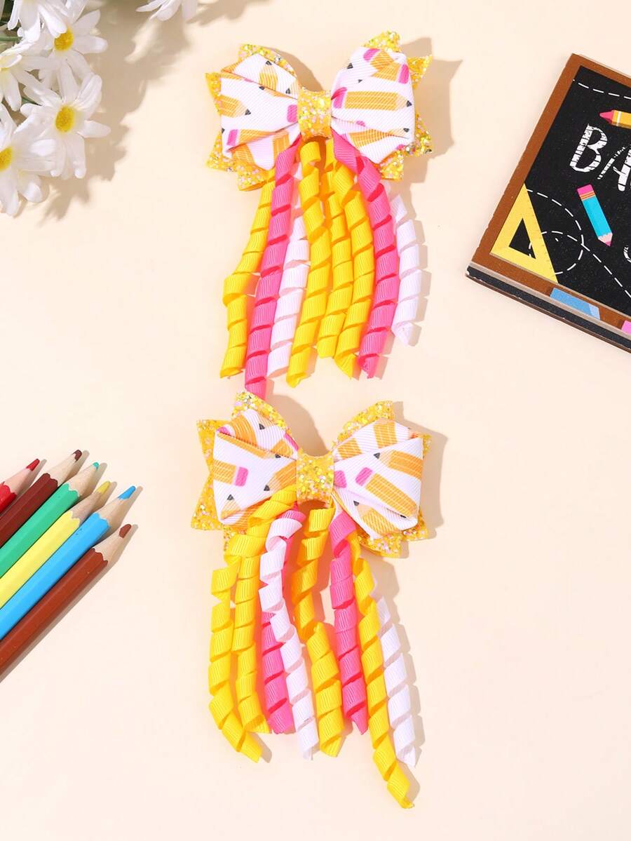 2pcs Back To School Pencil Print Glitter Bow Hair Clips, Cute Children's Hair Clips, Crocodile Clips, First Day Of School Gift, Daily Hair Accessories - Multicolor - View 1