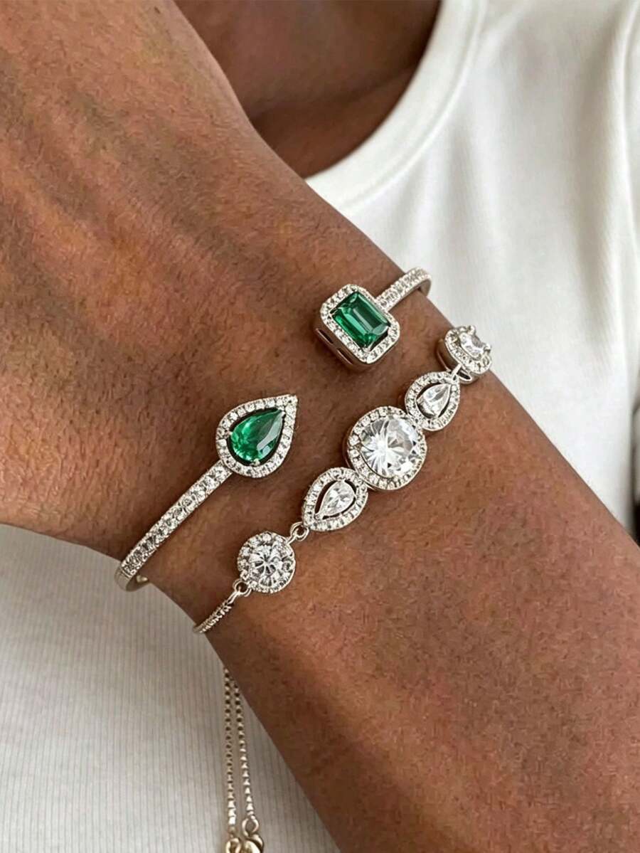 1 Set Fashion Cubic Zirconia Asymmetrical Women's Bracelet & Bangle Set, Silver-Plated Shiny Jewelry, Party Music Festival Daily Travel Accessories, Anniversary Birthday Gift For Partner Best Friend Girlfriend - ST-298 White Green + WDST-84 - View 1