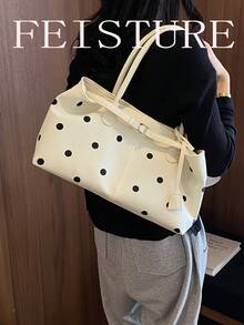 FEISTURE 1件波點大容量女款扣飾肩背包，時尚手提托特包，適合女孩、女性、大學生、職場新人與白領上班族，完美適用於工作、商務、通勤、上學 - 白色 - 查看 6