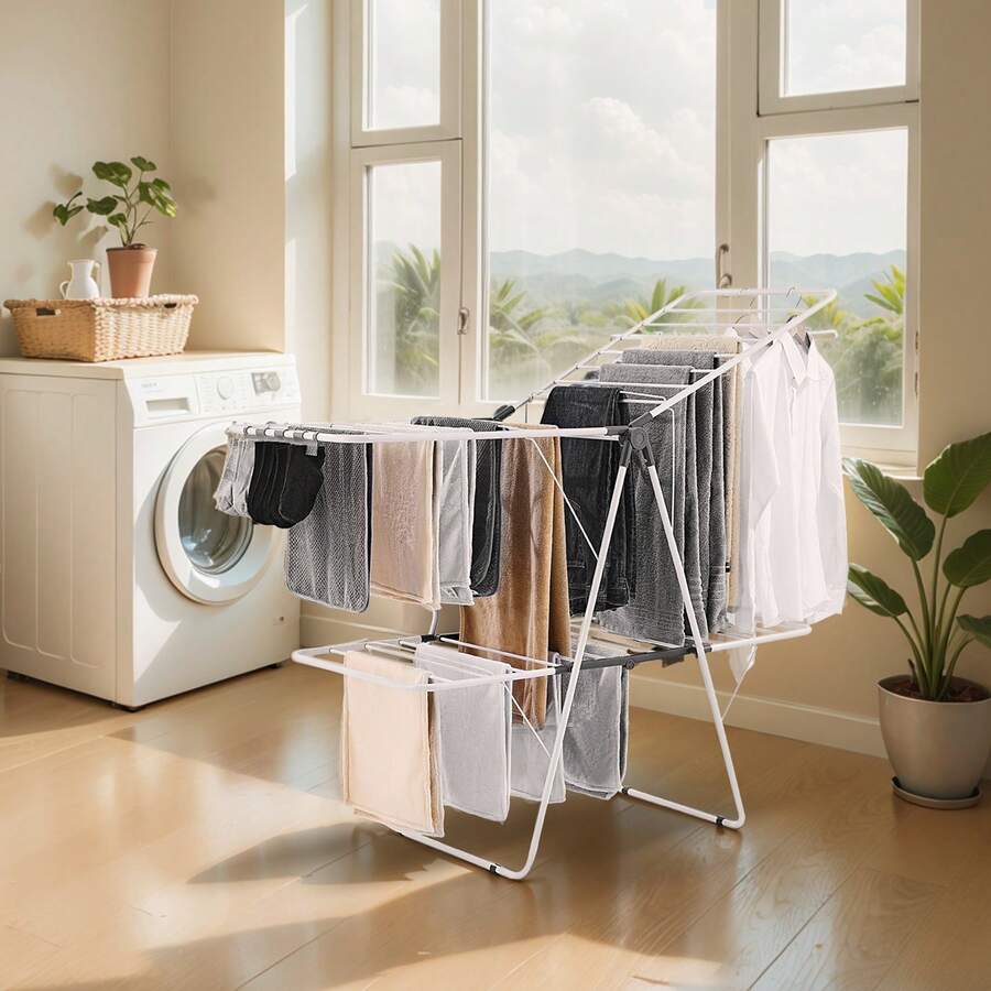 Tendedero Plegable 2 Niveles con Pinzas para Calcetines Tendedero de Ropa 1470 mm de Tendido 31 Barras de Secado Tubos de Hierro y Plástico PP Altura Ajustable para Exterior, Interior, Blanco - Tendedero de ropa de 2 niveles, 1470 mm - Ver 1