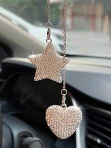 1 Colgante de Espejo Retrovisor de Coche con Pentagrama de Amor de Strass, Estrella y Corazón, Colgante de Interior de Coche - Corazón de estrella - Ver 4