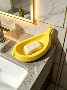 1pc Banana-Shaped Multi-Purpose Bathroom Storage Tray, Suitable For Soap, Facial Cleanser, Toothpaste, Toothbrush And Other Small Items, Bathroom Countertop Drainage Storage Plate, Fresh Yellow Desktop Organizer, Bathroom Trays - Yellow - View 2