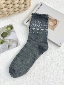 4 Pairs/2 Pairs/1 Pair Korean Sweet Cute Style Mid-Calf Socks With Ruffle Trim, Unisex Autumn/Winter Fair Isle Pattern, Versatile For Women's Home, Daily Wear, Layering With Boots - Multicolor - View 6