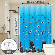 1pc Cartoon Underwater World Pattern Shower Curtain Bathroom Divider Curtain With Hooks - Royal Blue - View 9