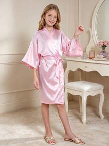 Girls' Comfortable Soft Japanese Style Small V-Neck 3/4 Sleeve Solid Color Belted Knee-Length Nightgown Loungewear Morning Robe - Pink - View 2