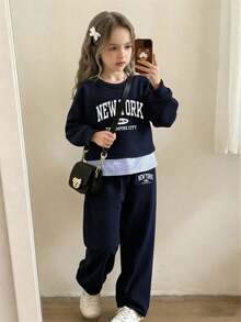 青少年女孩字母印花圓領衛衣與運動長褲休閒套裝 - 寶藍色 - 查看 1