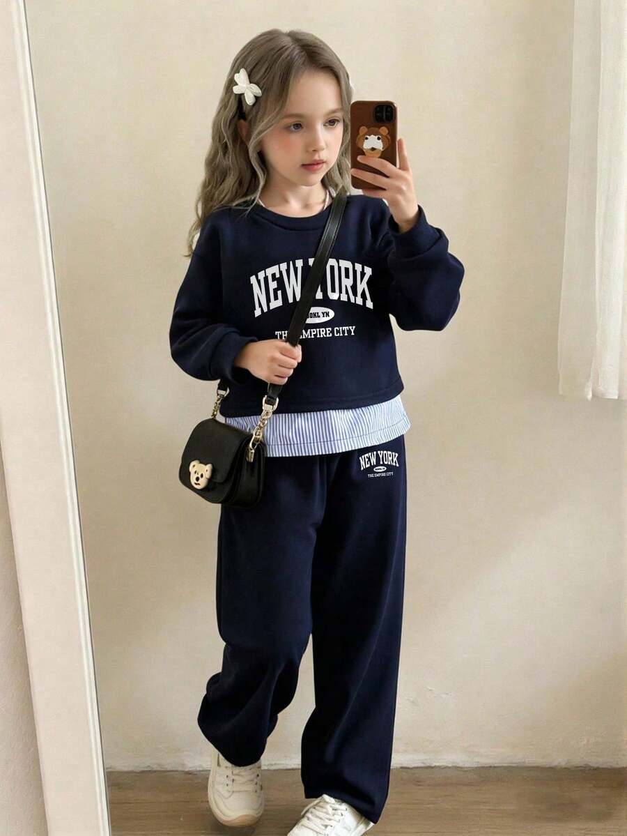 青少年女孩字母印花圓領衛衣與運動長褲休閒套裝 - 寶藍色 - 查看 1