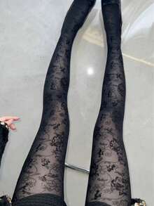 1 Pair Vintage Dark Hollow Lace Gothic Court Rose Flocked Tights, Subculture Y2K Hot Girl Stockings - Multicolor - View 4