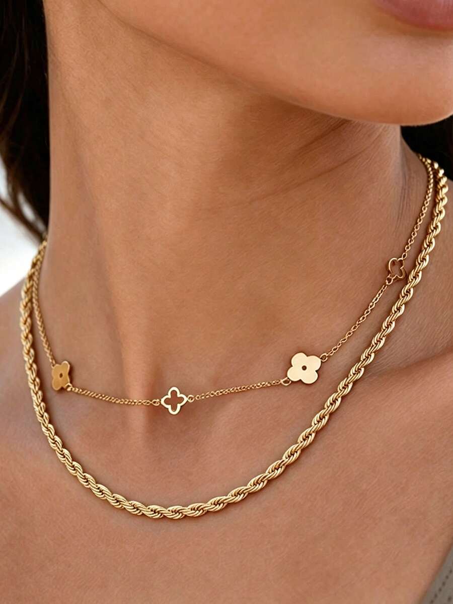 2 piezas/Set Collares de cadena larga en capas surtidos, acero inoxidable chapado en oro de 18K, trébol, cuerda retorcida, cadena de serpiente redonda, gargantilla apilable - Dorado - Ver 1