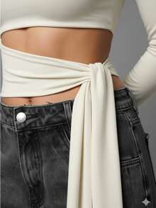 Women's Cropped Long Sleeve Suplex Blouse With Waist Tie, Tummy Control, Comfortable, Fall Winter Fashion - 離開 - 查看 1