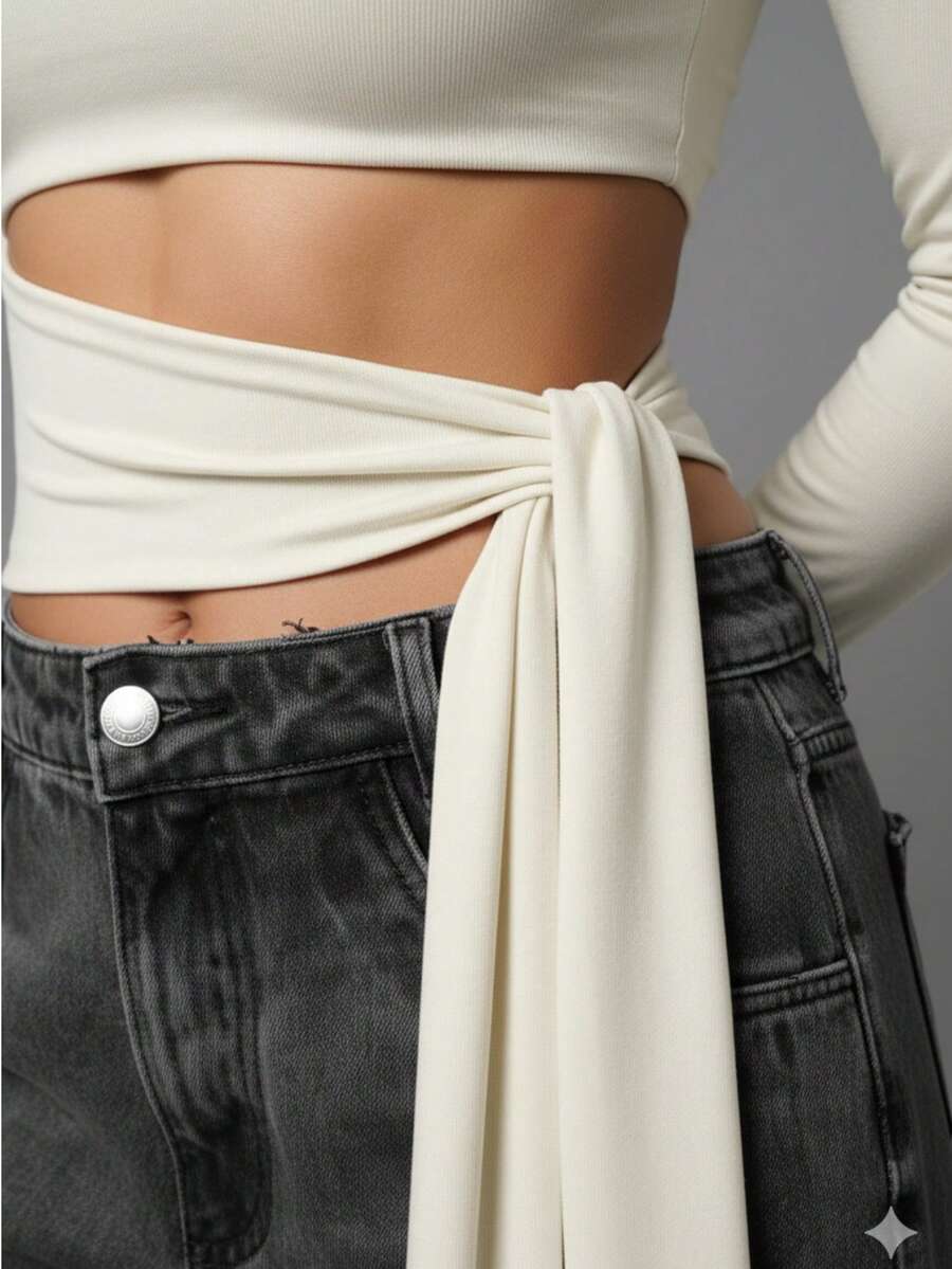 Women's Cropped Long Sleeve Suplex Blouse With Waist Tie, Tummy Control, Comfortable, Fall Winter Fashion - 離開 - 查看 1