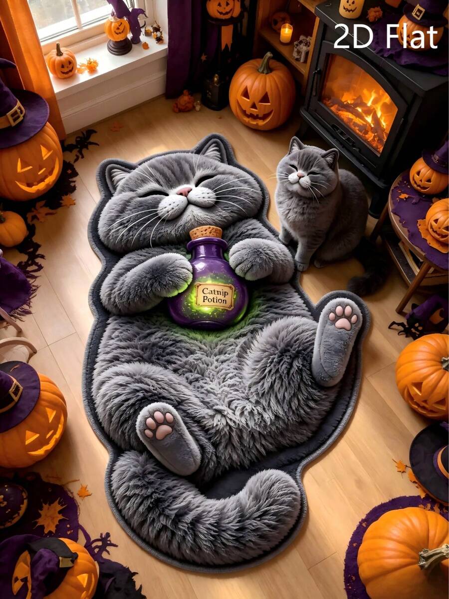 1 pieza Alfombra de piso con gato azul de poción mágica, alfombra de sala de estar, alfombra, alfombra de área, alfombra de área pequeña, decoración del hogar, decoración de sala de estar, decoración de habitación, alfombra lavable, regalo de Halloween - Poción mágica Gato azul - Ver 1