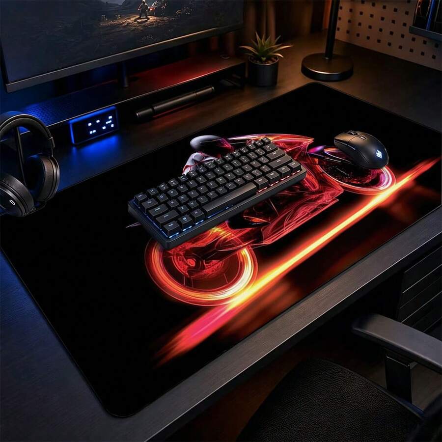 Blue Holographic Fighter/Red Neon Light Trail Transparent Motorcycle Rider Extended Gaming Mouse Pad, Large Non-Slip Rubber Waterproof Keyboard Desk Mat, Suitable For PC Laptop Gaming Office Desktop Decoration - View 1