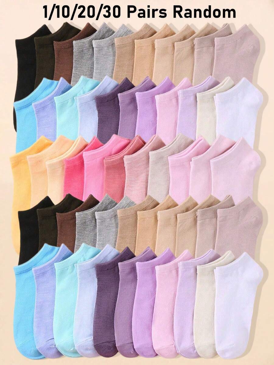 1/10/20/30 Pairs Random Color Short Socks, Solid Color Design, Unisex All-Match Versatile Socks For Boys And Girls, Essential For Students' Daily Wear In Summer - Multicolor - View 1