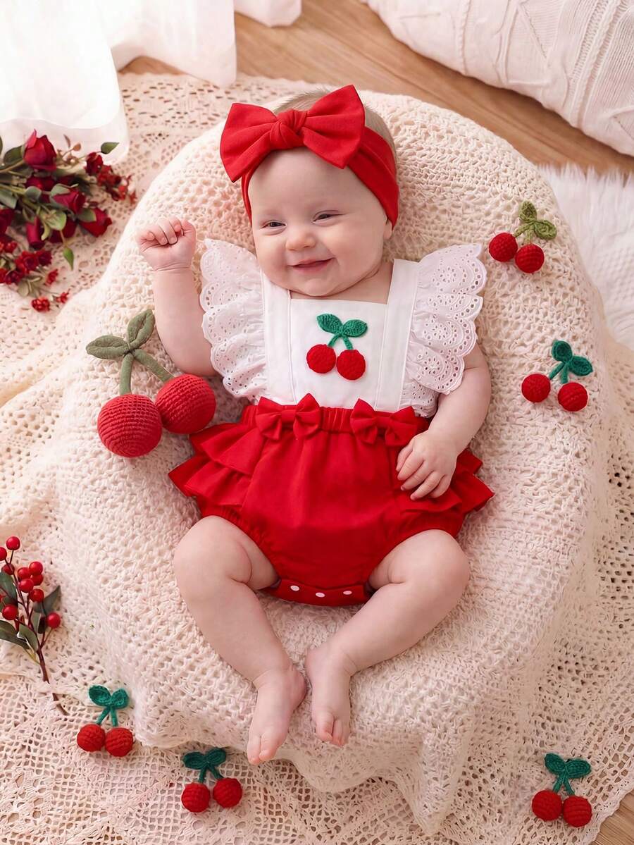 Conjunto de 2 piezas para bebé niña: body con bloqueo de color, bordado de cereza y volantes, con diadema - Blanco - Ver 1