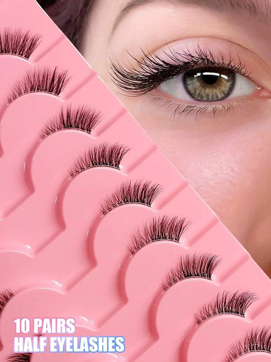 Asiteo 10 Pairs Wispy Cat Eye Half Lashes - Natural Look Clear Band Corner Eyelashes - Perfect For Dates, Parties & Stage Makeup - Black - View 1