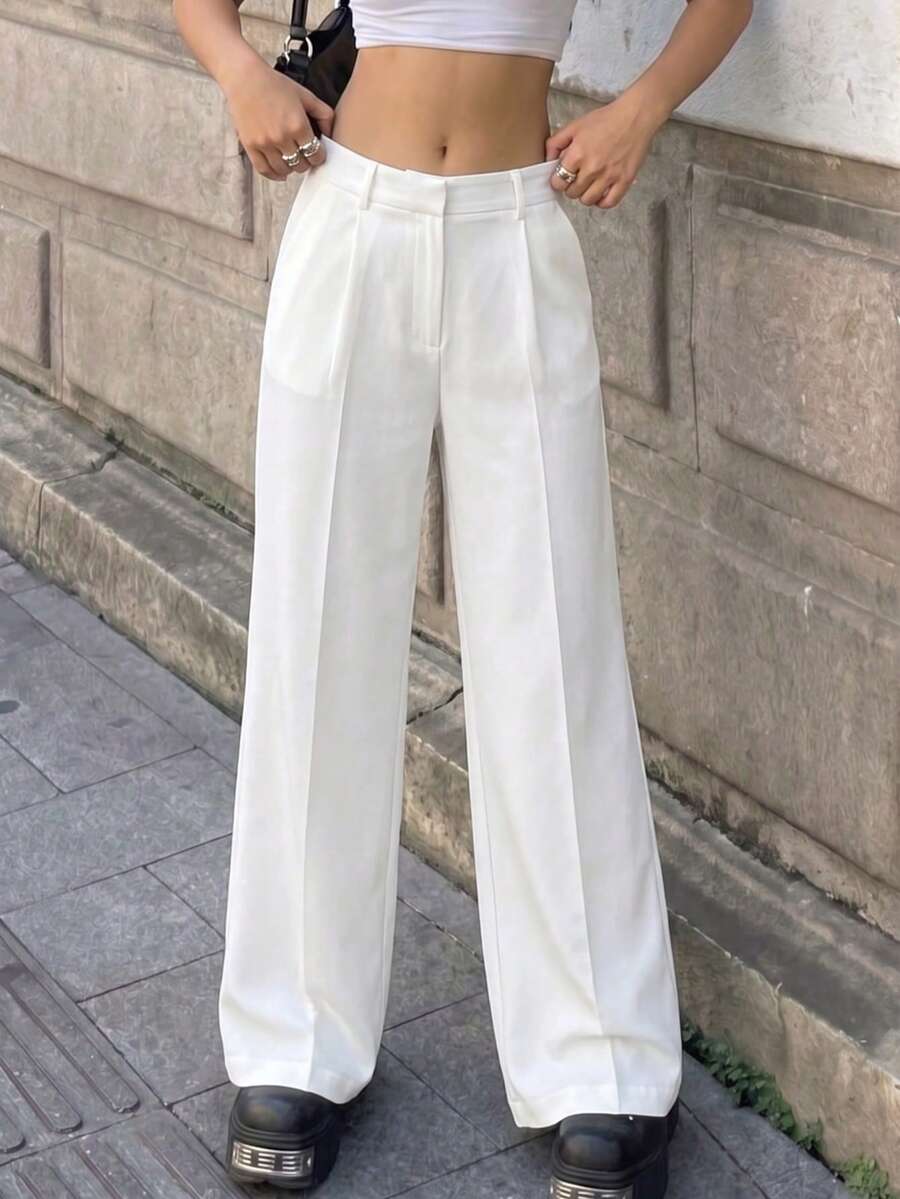 女款素色優雅極簡直筒長褲,前褶皺附口袋,適合日常通勤、商務會議、辦公穿著、早午餐 - 白色 - 查看 1