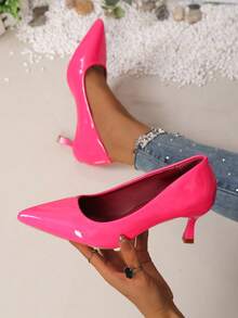 Women's High Heels 2026 New Multi-Color Glossy Pointed Toe Stiletto Pumps, Minimalist Low Vamp Soft Sole Versatile Commuter Office Work Elegant Shoes - Hot Pink - View 1