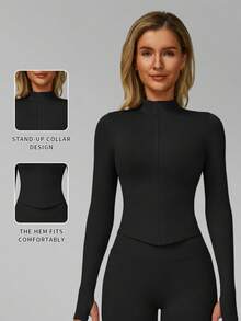 Jaket Yoga MFVIM Lembut dan Elastis, Potongan Slim Fit Lengan Panjang dengan Resleting dan Kerah Tegak - Hitam - View 4