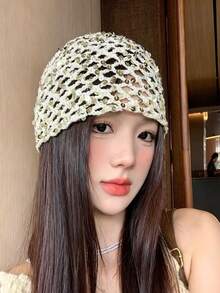 1pc Women's Spring/Summer Thin Hollow-Out Sequin Decor Handmade Crochet Knit Hat, Suitable For Spring/Summer/Autumn Daily Outdoor Wear, Random Sequin Color - Hollow Sequins - View 2