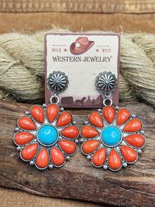3 styles de boucles d'oreilles à tige vintage western orange-rouge turquoise, forme de tournesol/forme ronde de pièce embossée/forme de croix enroulée, accessoires de cowboy bohème western, convient pour les hauts en denim à décolleté bas, les voyages dans le désert, les tenues de style américain vintage, la combinaison de couleurs orange-rouge + bleu turquoise est la combinaison de couleurs emblématique des bijoux western - Style bohème - Voir 9
