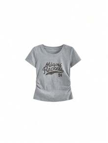 Kaos Lengan Pendek Kasual Motif Huruf Musim Panas dengan Pinggang Ramping - Grey - View 5