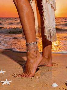 6Pcs Multi Layer Silvery Anklet Set Figaro Chain Rhinestone Dangling Charm Stackable Ankle Bracelets Women Summer Beach Foot Jewelry - Silver - View 4