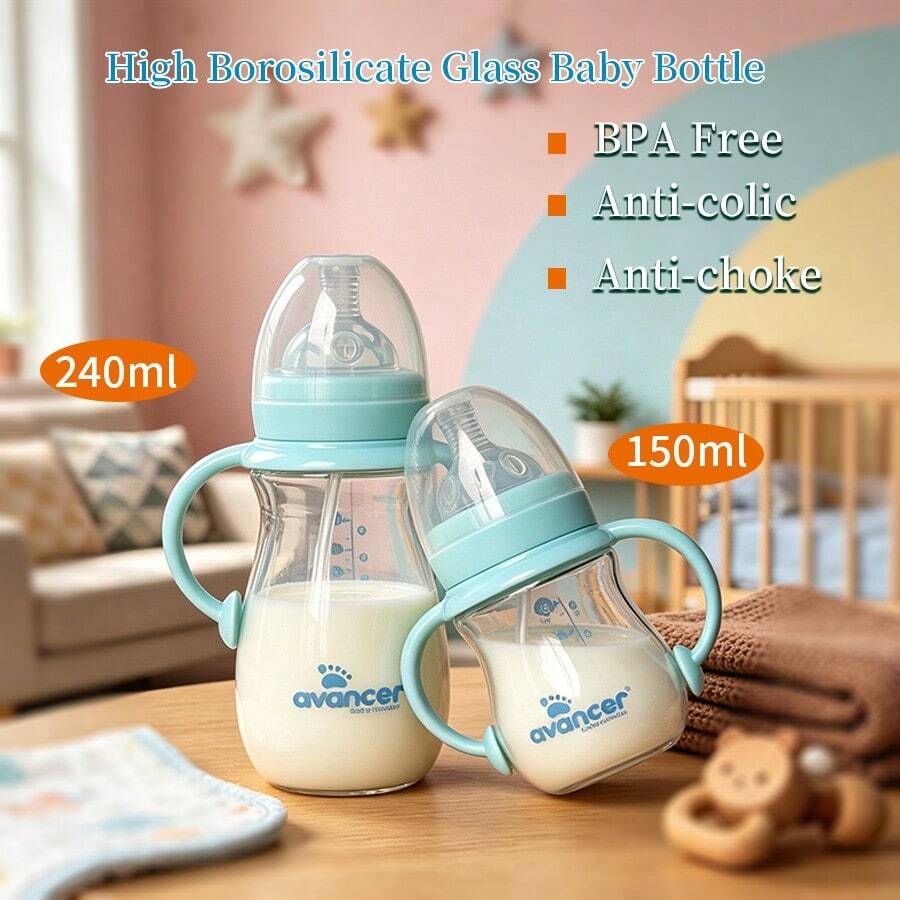 1件 150ml/240ml 玻璃嬰兒奶瓶,耐熱至400℃,柔軟矽膠防脹氣奶嘴,耐咬,重力球吸管讓吸吮更順暢,適合嬰兒多個階段使用 - 藍色 - 查看 1