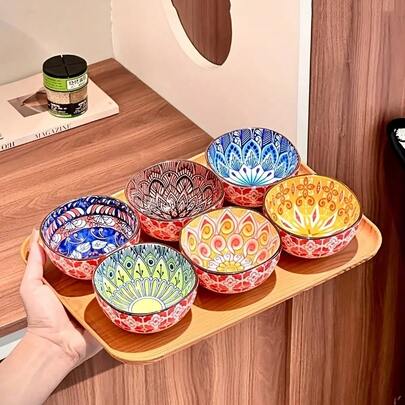 6 Elegant Bohemian Ceramic Salad Bowls, Sauce Bowls, Hand-Painted Bohemian Small Bowls, Suitable For Home Cooking, Soy Sauce, BBQ, Hot Pot, And Pickles