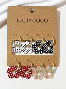 LADYCOCO 4 Pairs Fashionable Cute Polka Dot Floral Pendant Earrings Set, Suitable For Women's Daily Wear - Multicolor - View 1