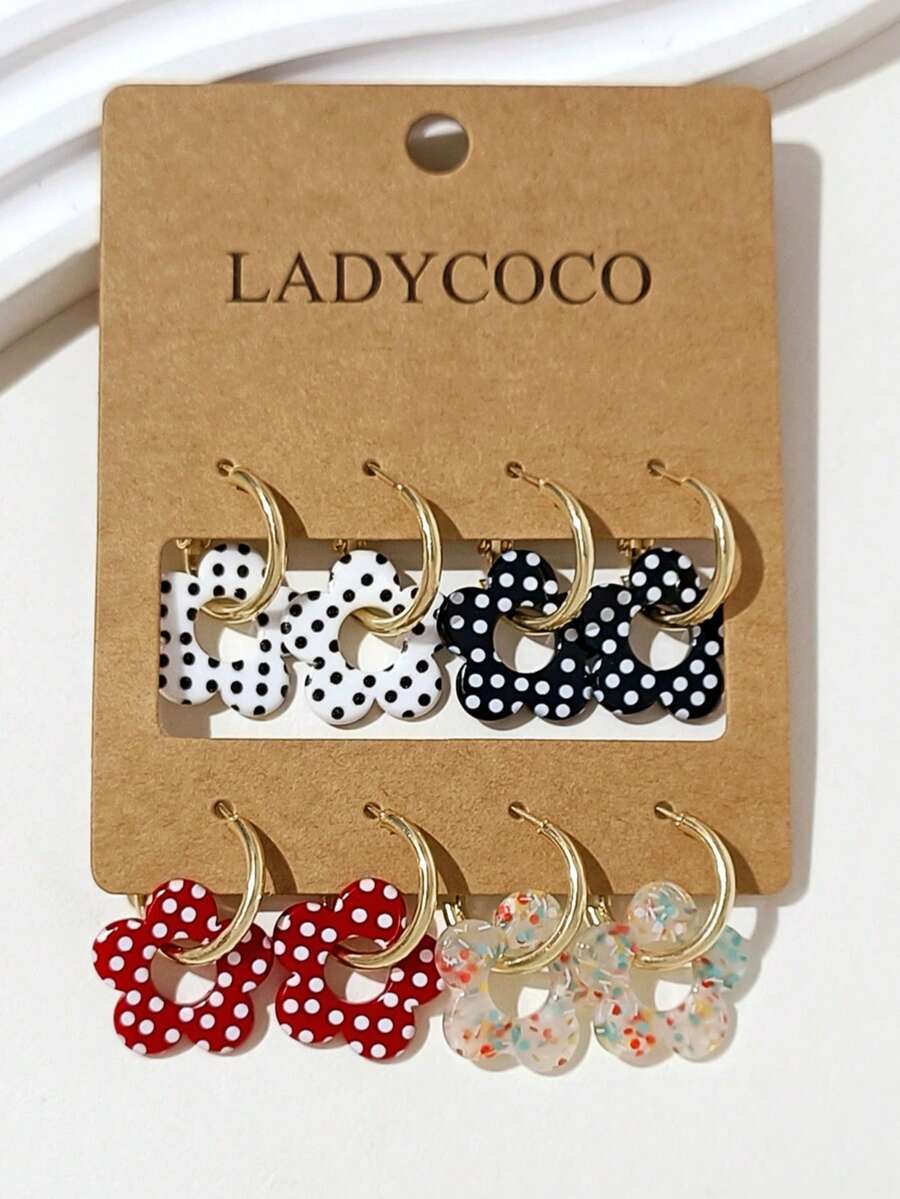 LADYCOCO 4 Pairs Fashionable Cute Polka Dot Floral Pendant Earrings Set, Suitable For Women's Daily Wear - Multicolor - View 1