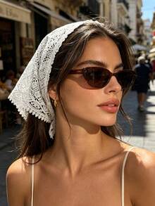 1pc Vintage Artistic Hollow Lace Crochet Triangular Headscarf With Delicate Tassel Trim, Breathable Tie-Up Hair Band, European And American Women's Small Town Travel Photography, French Style Wedding Bride Lazy Elegant Hair Accessory - Multicolor - View 7