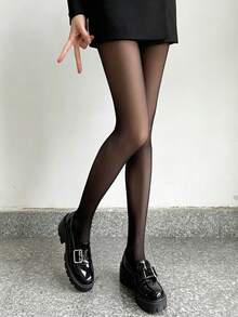 1 Pair Women's Solid Color Minimalist Tight Leggings, Black Sheer Tights, Sexy Pantyhose - Black - View 5