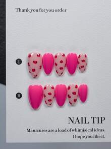 10PCS Y2K Sweet Spicy Short Almond Press On Nails Set, Nude Fake Nails With Hand Drawn Red Leopard Spots And Solid Hot Pink Match, Glossy Nail Kit For Beach Vacation Shopping Daily Party Wear Handmade Press On Nails - Multicolor - View 3