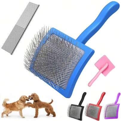 2PCS Slicker Brush For Dogs & Pet Stainless Steel Comb, Professional Dog Grooming Brush (Goldendoodles, Poodles, Labradoodles) With Extra Long Pins To Effectively Remove Tangles, Knots And Mats