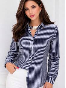 Polyester Dress Shirt, Patchwork, Striped Dress Shirt, Summer Office Shirt - Navy Blue - View 4