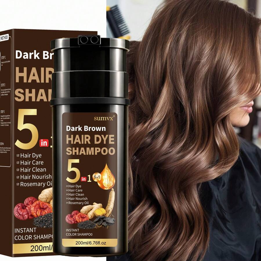 5-In-1 Ginseng & Reishi Mushroom Plant-Based Hair Dye Shampoo, Natural Plant Ingredients, Moisturizing & Softening Hair, Gentle Coloring, Low Irritation, Gray Coverage, Suitable For All Hair Types, Unisex - Multicolor - View 1