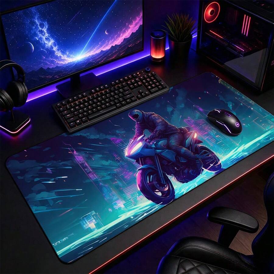 Neon Cyberpunk Motorcycle Rider Extended Gaming Mouse Pad, Large Anti-Slip Rubber Waterproof Keyboard Desk Mat, Suitable For Computer Laptop Gaming Office Desktop Decoration - View 1