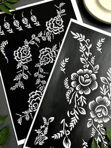 Tiebeauty 2件組可重複使用花卉海娜紋身模板套裝，玫瑰藤蔓 Mehndi 模板，適用於手臂、手部與全身彩繪，適合日常、節慶與身體藝術 - 黑色 - 查看 6