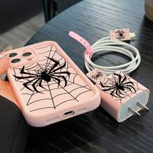 5件組 高竹粉與黑色蜘蛛網圖案手機殼 + 充電頭保護套 + 線材保護套 + 收納繩 TPU 防摔保護殼，適用於 Apple 智慧型手機，日常使用手機殼，時尚手機配件，創意設計，UV 印刷設計，時尚保護殼，時尚愛好者，音樂愛好者，生日禮物首選 - 彩色 - 查看 3