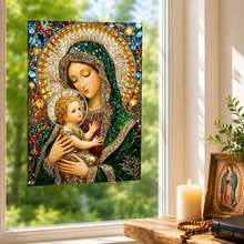Virgin Mary & Baby Jesus Static Cling Window Film, Mosaic Stained Glass Religious Window Sticker, Non Adhesive UV Block Privacy Glass Decal, Catholic Christian Home Prayer Room Decor Gift - Virgin Mary and Child Window Sticker - View 2