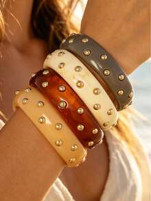 4pcs Elegant Fashion Dopamine Colorful Inlaid Rivet Round Women's Bracelet Set, Wide Geometric Resin Bracelet Set, Suitable For Daily Wear, Party, Date, Holiday, Music Festival, Summer Beach Vacation, Memorial Gift For Friends, Family, Couples, Women, Jewelry Accessory - Multicolor 9 - View 3