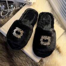 Autumn/Winter Solid Color Plush Slip-On Women's Button Decor House Slippers, Runs One Size Smaller Than Standard - Black - View 4