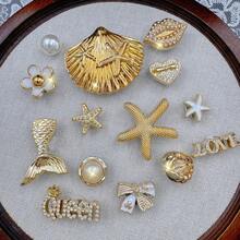 14件金色海洋系列鞋飾（海星、貝殼、海螺、花朵），適用於涼鞋、拖鞋、沙灘鞋、園藝鞋，DIY可拆卸鞋飾，生日派對與節日的完美禮物 - 金色 - 查看 2