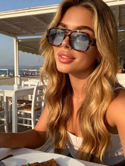 1 par de gafas de moda con marco cuadrado de doble puente, unisex, adecuadas para vacaciones en la playa, uso diario, accesorio de moda versátil