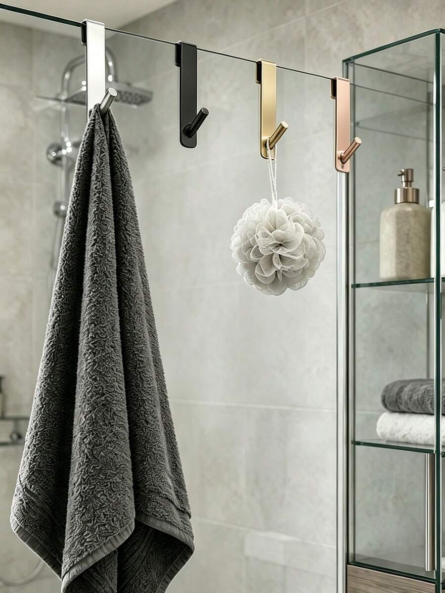 1pc Stainless Steel S-Shaped Shower Towel Bar, Suitable For Glass Doors, Bathroom Bathrobe Hook, Wall-Mounted Coat Rack, Coat Rack, Hanger, Hook, Hanger, Room Decoration, Over-The-Door Coat Rack, Wall-Mounted Hanger, Closet Storage