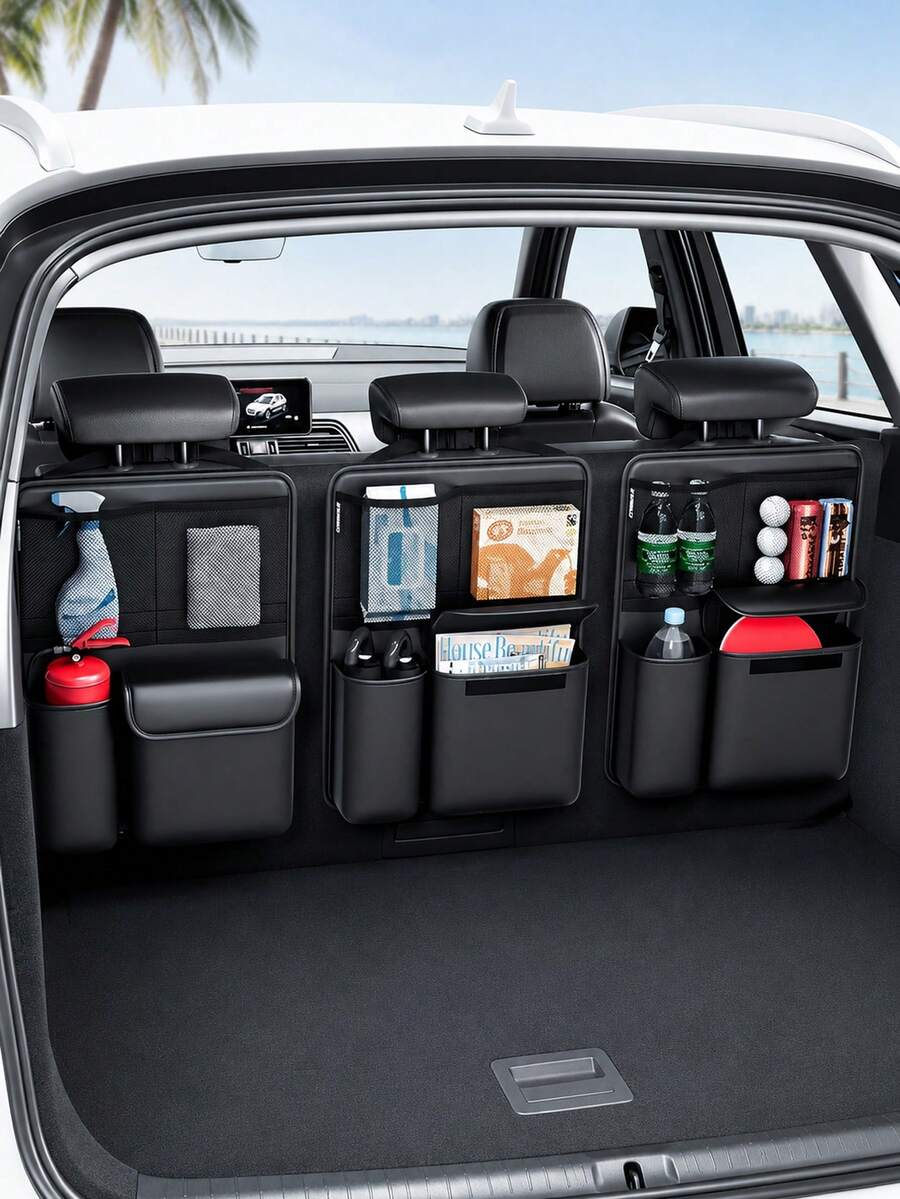 Car Storage Bag Suitable For All Car Models, Made Of Artificial PU Material, With 4 Storage Compartments, Fashionable Black Design, Perfect Gift For Car Enthusiasts - A - View 1